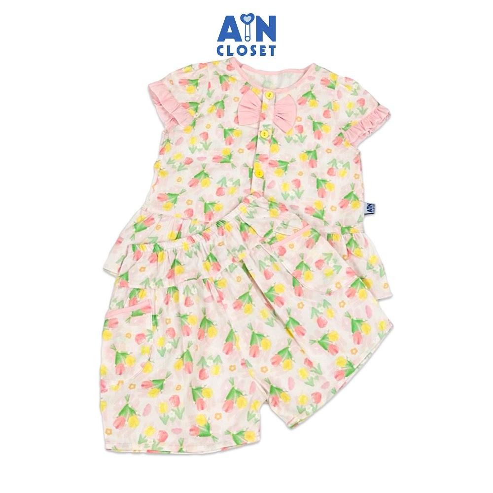 Bộ quần áo Ngắn bé gái họa tiết hoa Tulip Hồng Sữa cotton - AICDBGTIPPA9 - AIN Closet