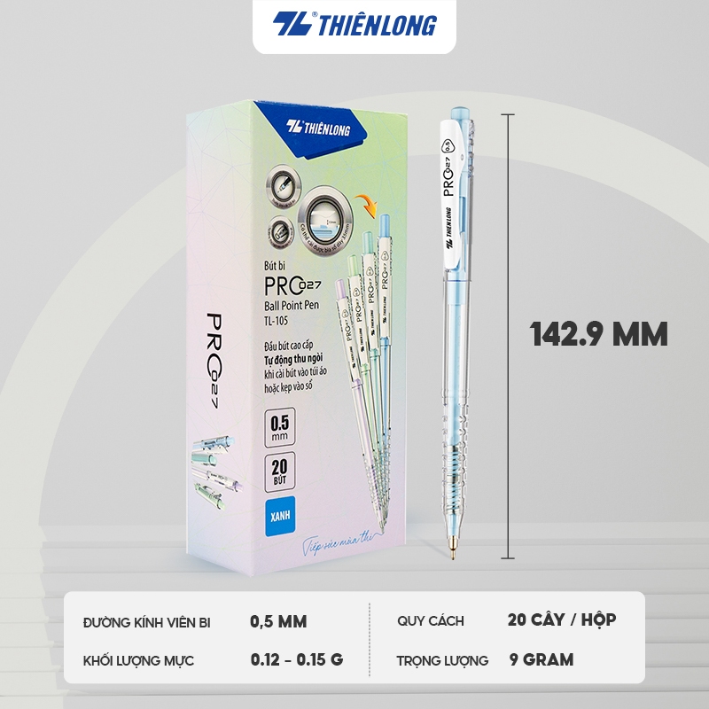Hộp 20 Bút bi Thiên Long 027 Pro TL-105 ngòi 0.5mm - Thân bút màu pastel thời trang