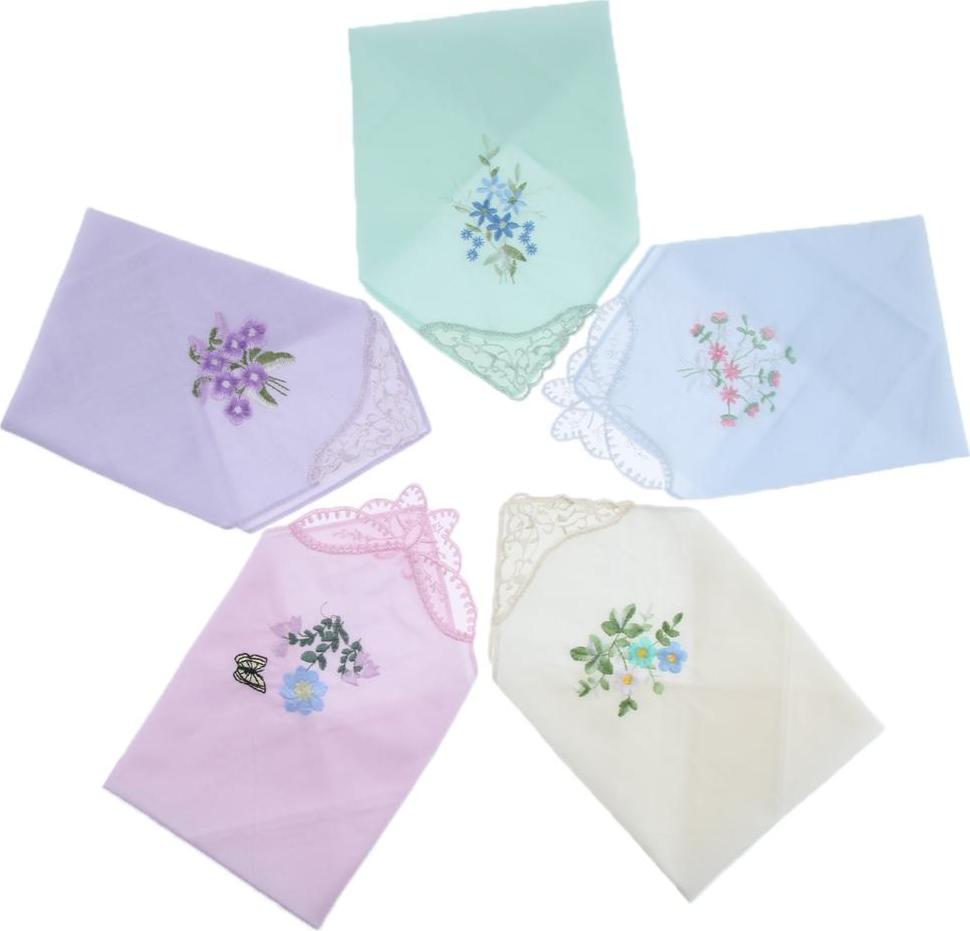 Yotijar Nữ Thêu Hoa Cotton Phối Ren Khăn Tay Hankies Gói 5