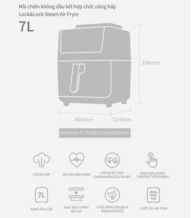 Nồi Chiên Không Dầu Kết Hợp Chức Năng Hấp Lock&Lock EJF881 (7 lít) - Hàng Chính Hãng