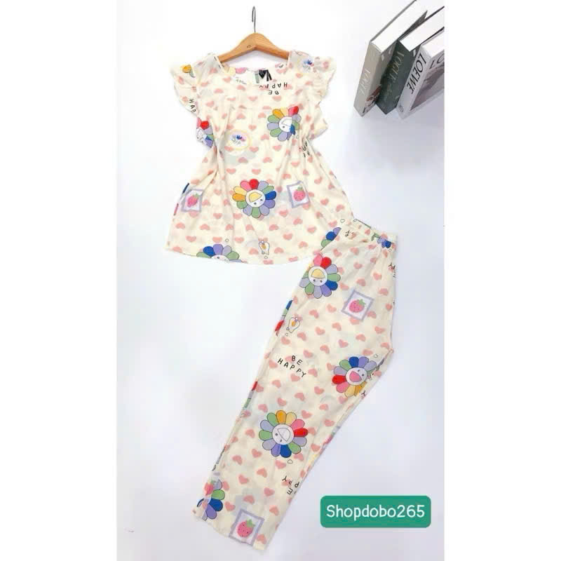 Đồ bộ nữ,đồ ngủ mặc nhà lửng 9 tấc tay cánh tiên vải lanh BL 57 họa tiết dễ thương size 51-70kg