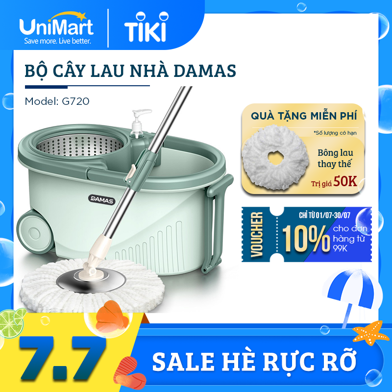 Bộ Cây Lau Nhà Tự Vắt Thông Minh Damas G720 - Chổi Lau Xoay 360 Độ, Giặt Sạch Vắt Khô Nhanh Chóng - Thiết Kế Nâng Cấp Bổ Sung Tay Kéo Giúp Di Chuyển Dễ Dàng - Chất Liệu Nhựa PP Cao Cấp Chống Mài Mòn Gia Tăng Thời Gian Sử Dụng - Hàng Chính Hãng