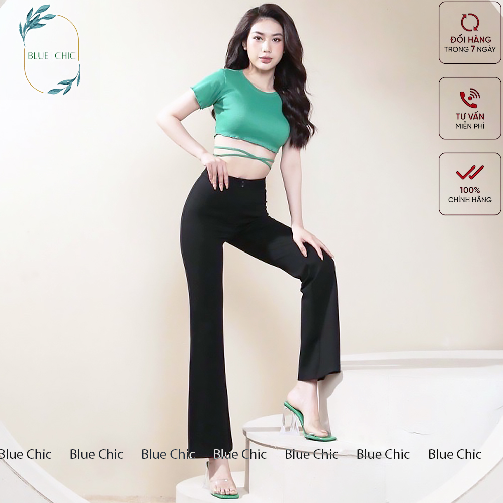 Quần ống loe Blue Chic lưng cạp cao 1 cúc suông rộng nữ dài culottes màu đen