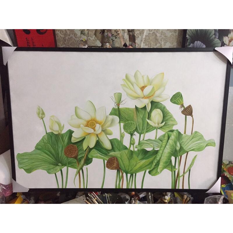 Tranh treo tường tranh CANVAS , Tranh sơn dầu( tranh vẽ tay)mẫu hoa sen kích thước 60* 80cm( kèm khung cao cấp)