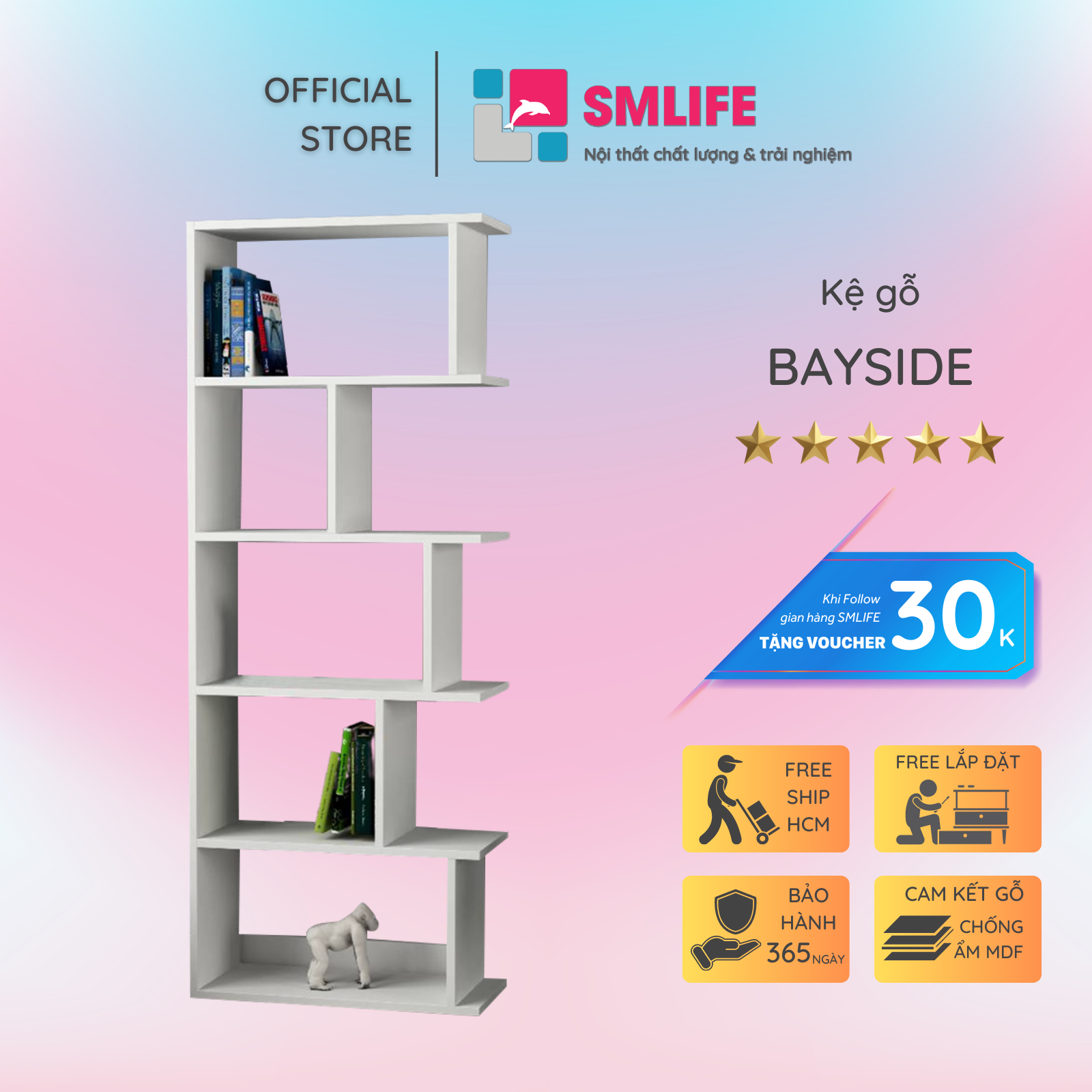 Kệ sách gỗ hiện đại SMLIFE Bayside  | Gỗ MDF dày 17mm chống ẩm | D60xR28xC160cm - Màu