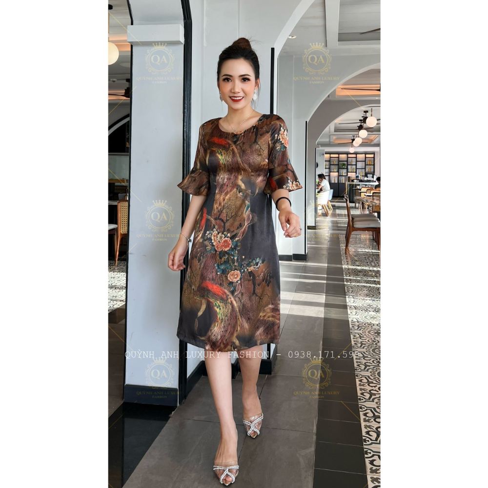 Váy Đầm Suông Hoa 3D Tone Nâu Loe Cao Cấp Vera Dress