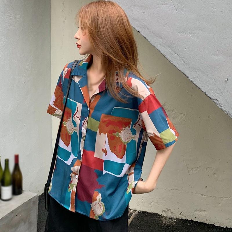 Áo Sơ Mi Voan Ngắn Tay Dáng Rộng In Họa Tiết Hình Học Cá Tính Cho Nữ
