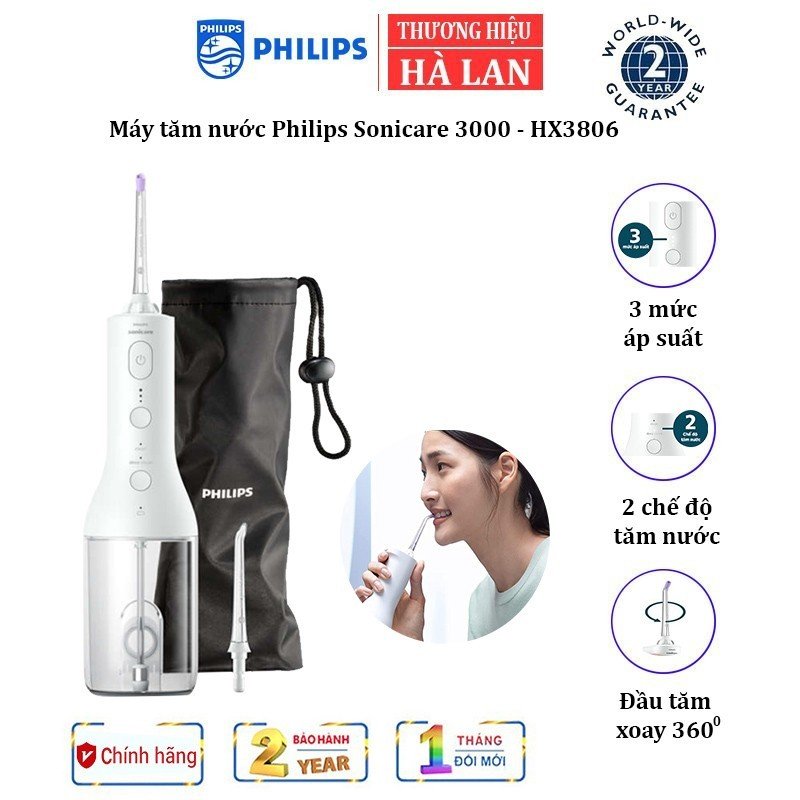 Máy tăm nước Philips Sonicare 3000 HX3806 tích hợp 2 chế độ xịt rửa kẽ răng, 3 cường độ - HÀNG NHẬP KHẨU