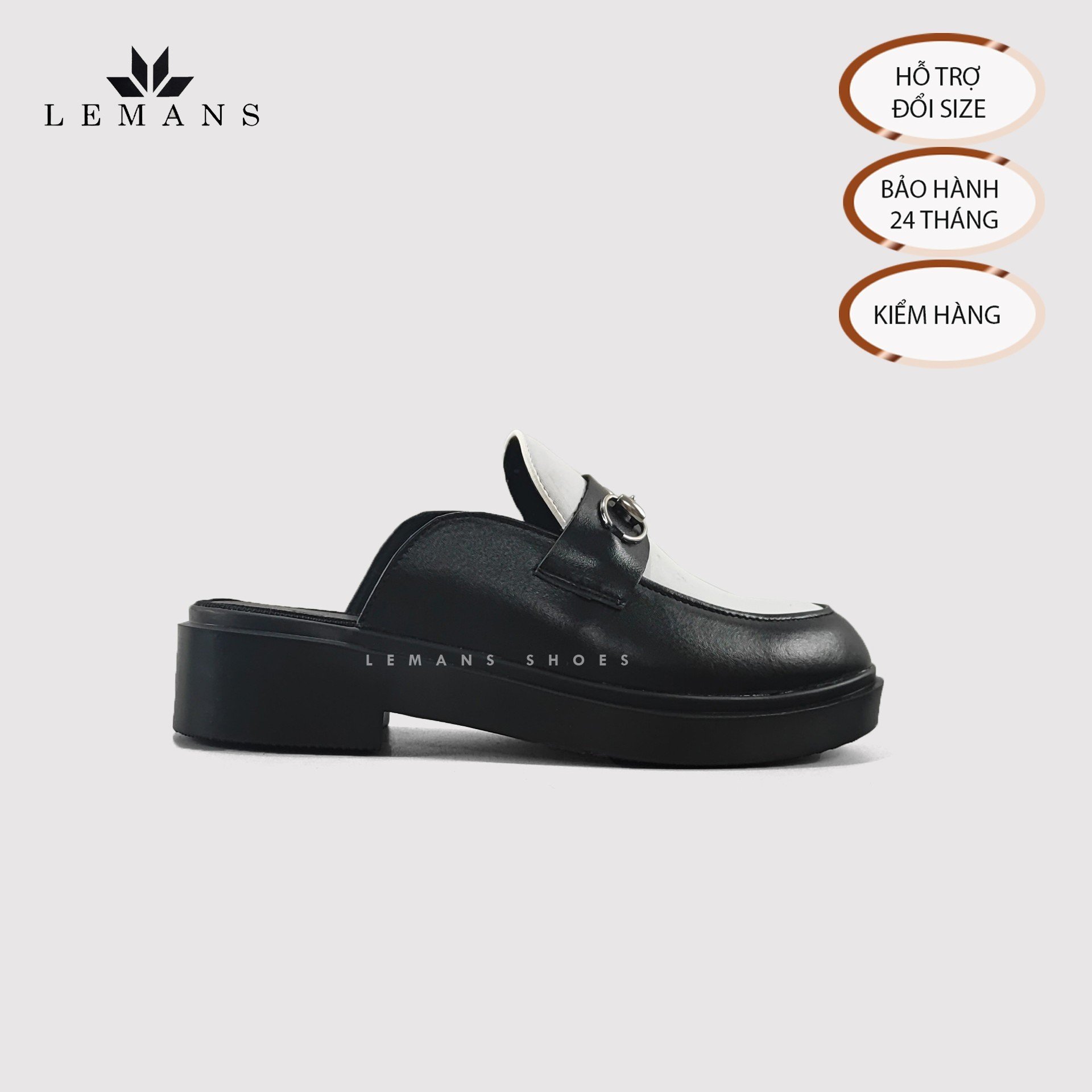 Giày Sục LEMANS Mules Loafer - Black White. Da bò nguyên tấm nhập khẩu. Đế khuôn độc quyền tăng cao 4cm. Bảo hành 24 tháng