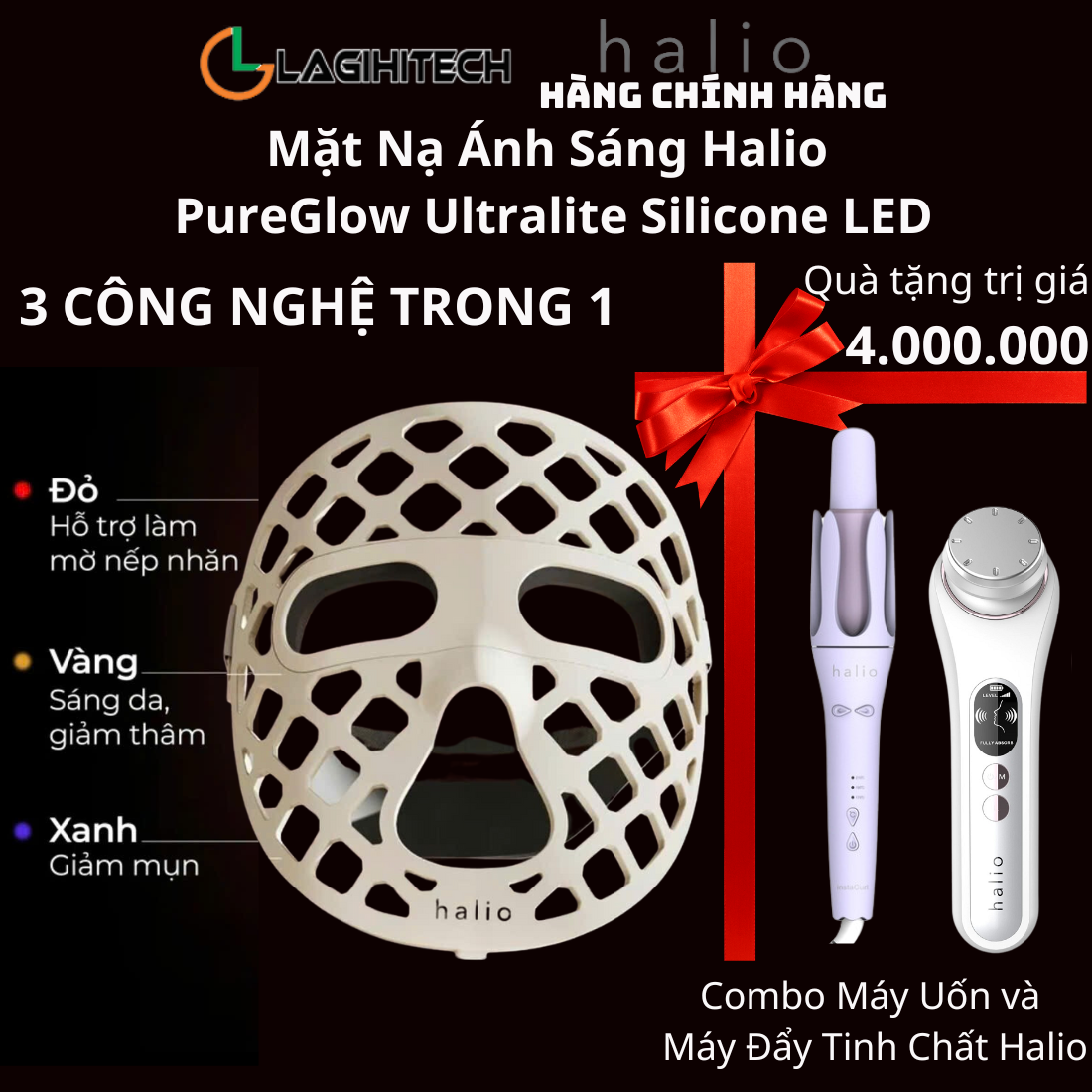 Mặt Nạ Ánh Sáng Halio PureGlow Ultralite Silicone LED Face Mask - Hàng Chính Hãng