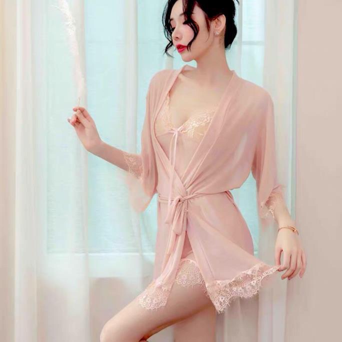 Váy ngủ ren hoa ngực kèm áo choàng ngủ quyến rũ