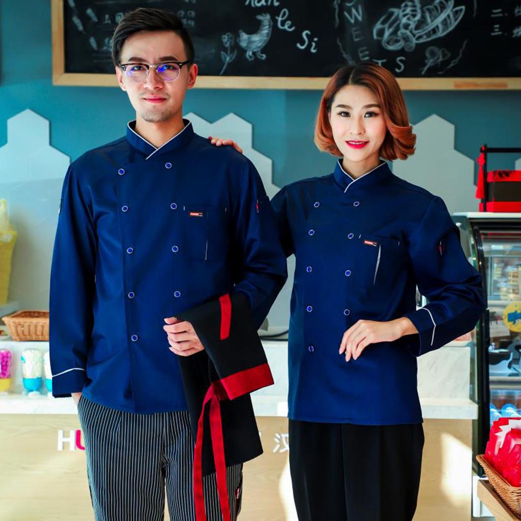 Men Women Piping Chef Jacket Coat Uniform Long Sleeve Hotel Kitchen Apparel Tops