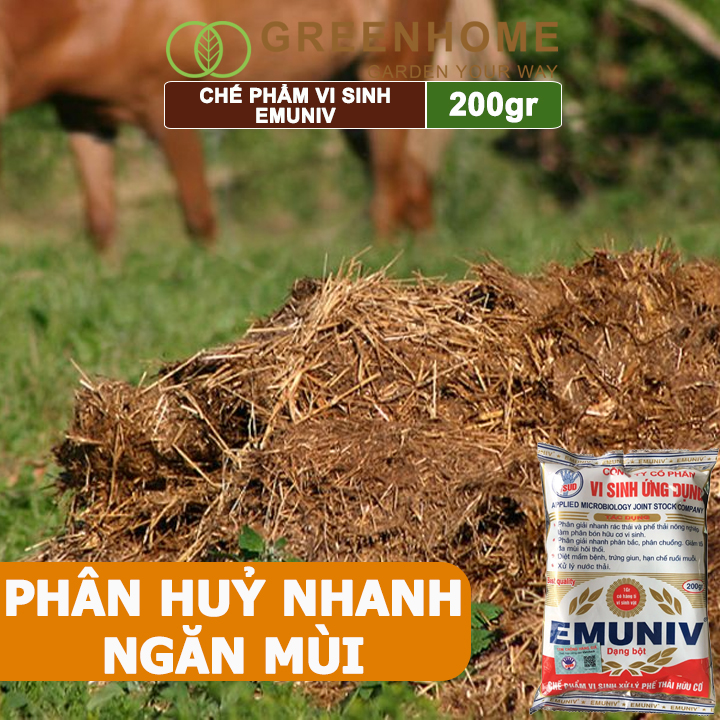 Chế Phẩm Vi Sinh EM Greenhome, Emuniv, Gói 200gr, Dùng Ủ Phân Bón Hữu Cơ, Xử Lý Rác Thải Gia Đình, Phân Huỷ Nhanh