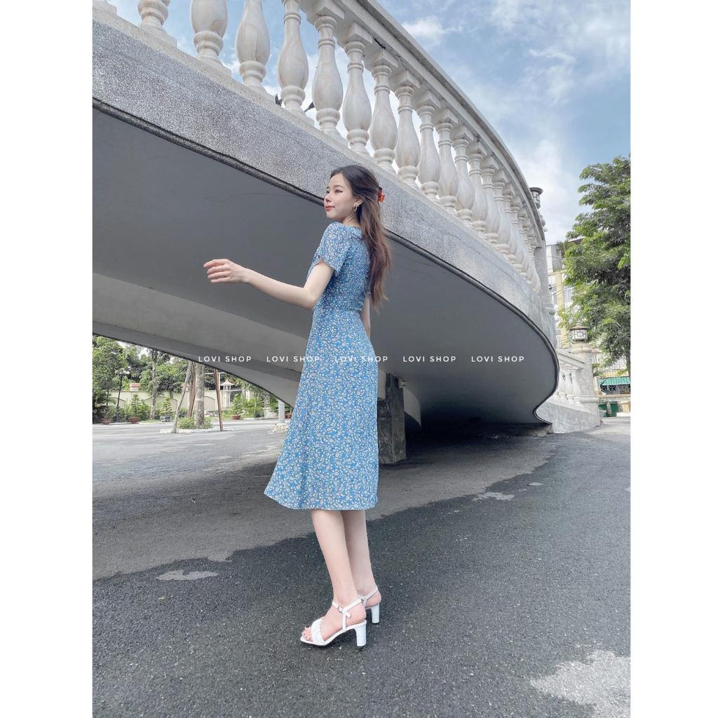 Váy đầm voan hoa nhí thiết kế nút ngọc cổ V phong cách thiểu thư vintage Lovi