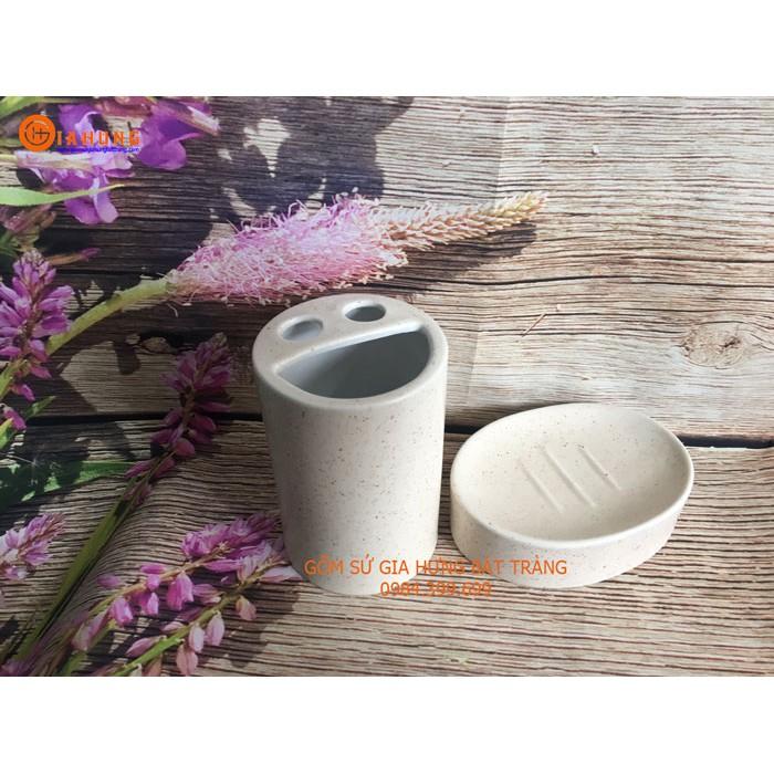 Ống cắm bàn chải+ khay xà bông bằng gốm sứ