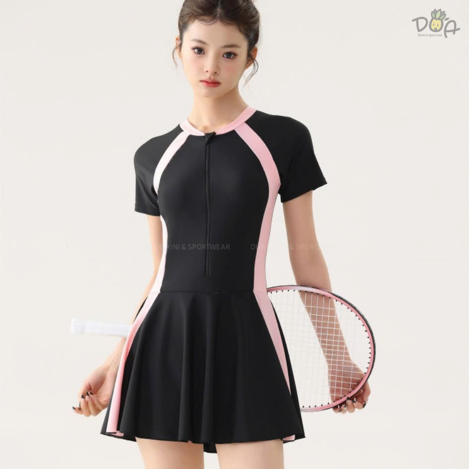Đồ bơi nữ liền thân tay ngắn dạng váy sọc có khóa kéo trước ngực | DỨA BIKINI &amp; SPORTWEAR
