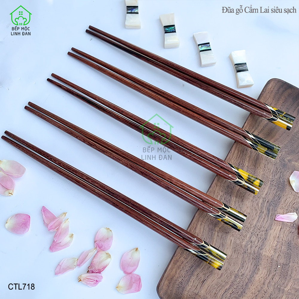 (5 Đôi) Đũa Gỗ Cẩm Lai Tự Nhiên - Đầu Cẩn Thạch Chéo Vân Vàng [CTL718-5]