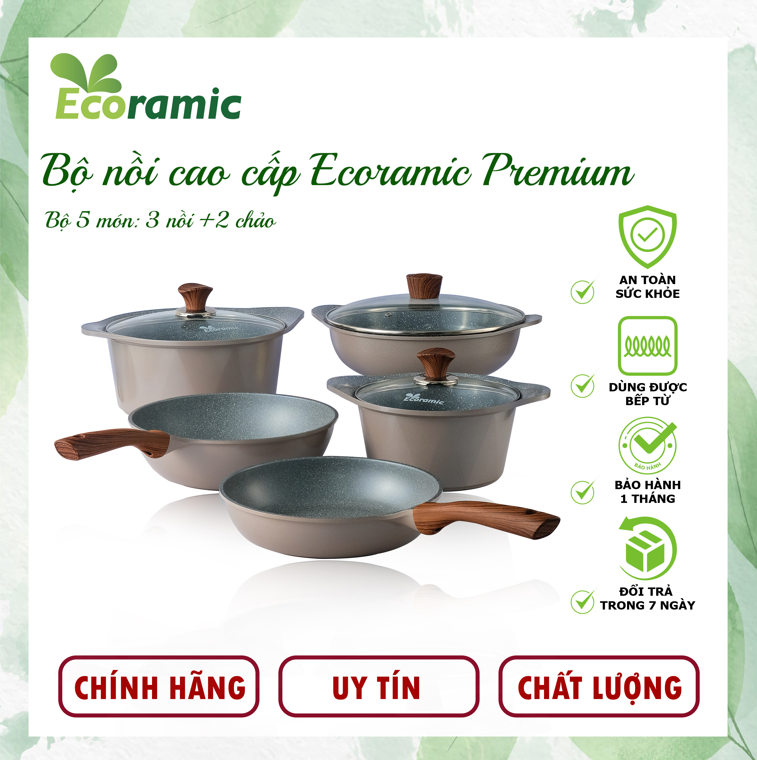 [CHÍNH HÃNG] Bộ 5 nồi cao cấp Ecoramic siêu chống dính, siêu bền Hàn Quốc