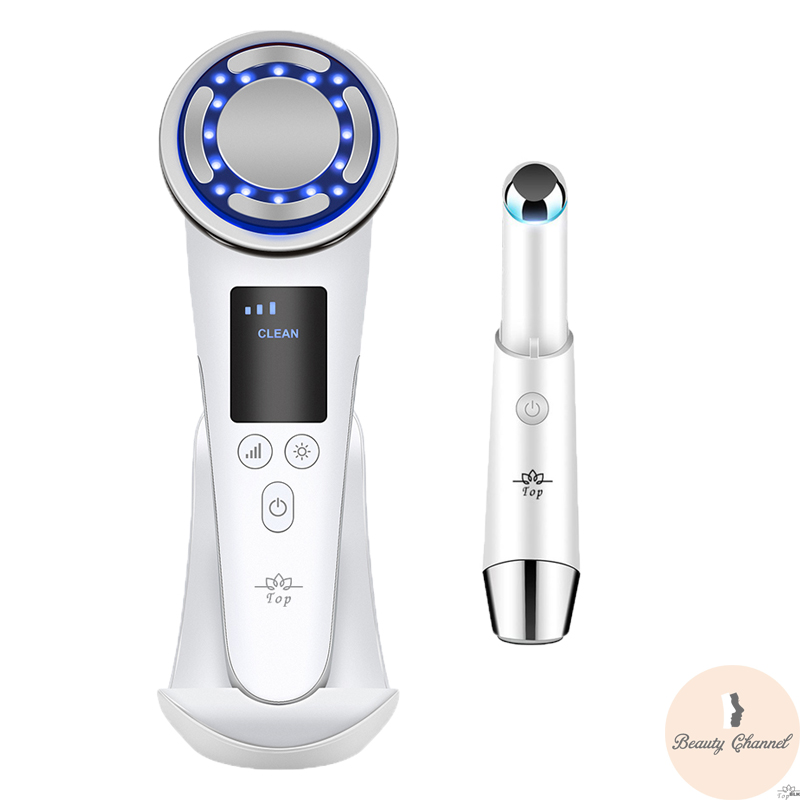 Máy Massage Mặt Làm Đẹp Da 5 in 1 – Photon Nóng Lạnh – EMS Nâng Cơ – Xung Điện Massage Giúp Rửa Sạch Da Mặt, Tăng Cường Hấp Thụ &amp; Khóa Giữ Chất Dưỡng Săn Chắc Làn Da Kèm Máy Massage Mắt Mini Loại Bỏ Quầng Thâm