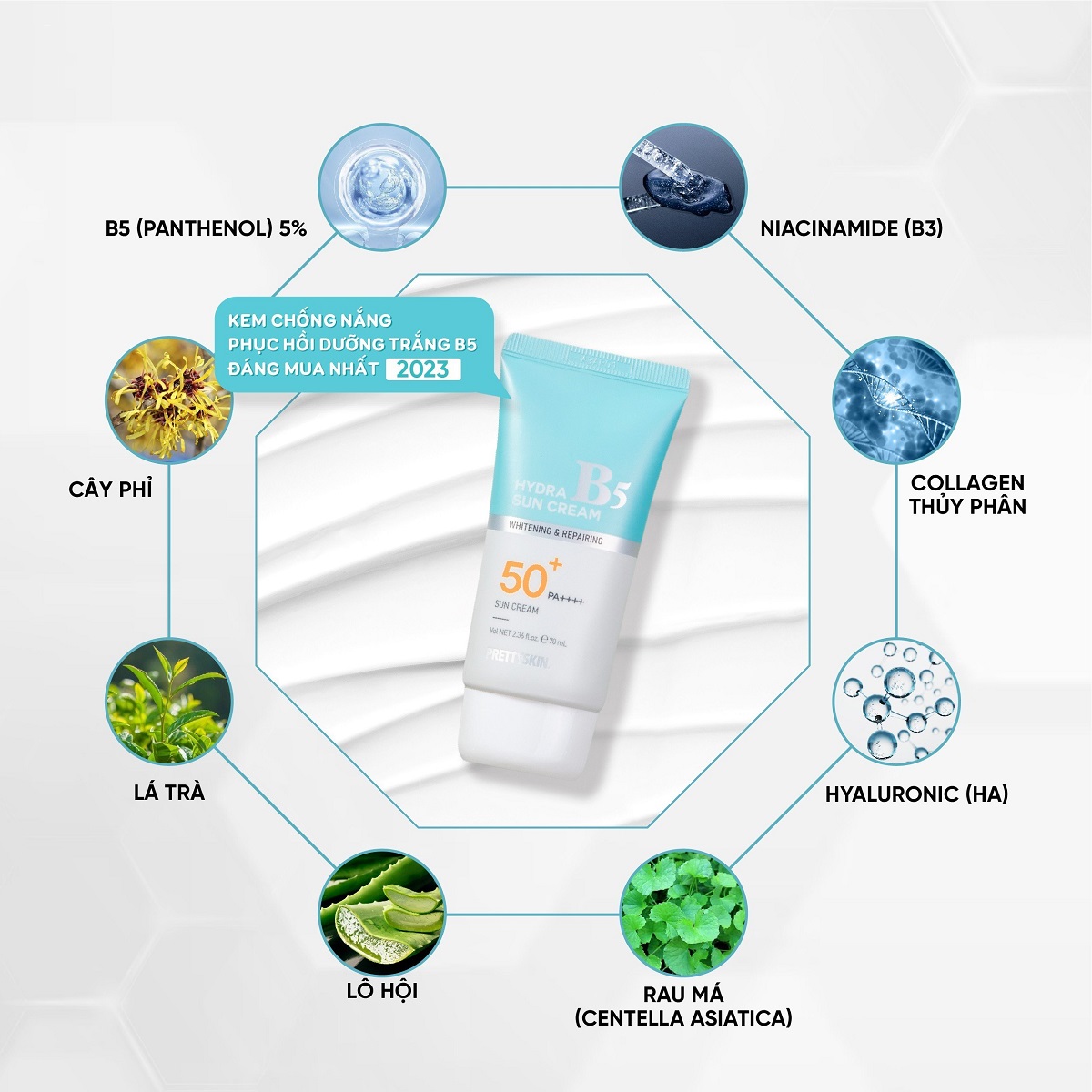 Kem Chống Nắng PrettySkin Whitening & Repairing Hydra B5 Sun Cream SPF50+ PA++++ 70ml