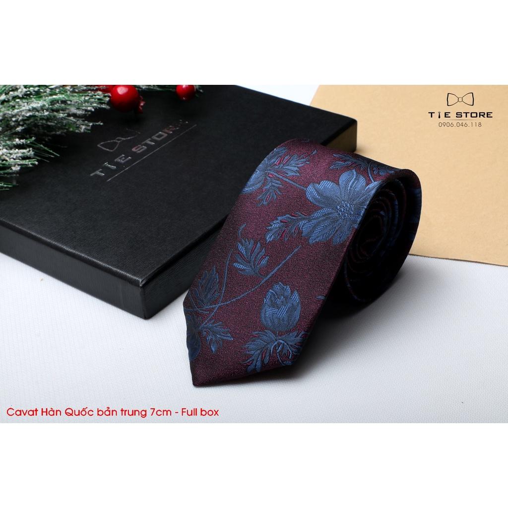 Cà Vạt Nam Bản trung 7cm màu đỏ mận hoa - Cavat Hàn Quốc Dành Cho Chú rể, Công Sở Cao Cấp Full box