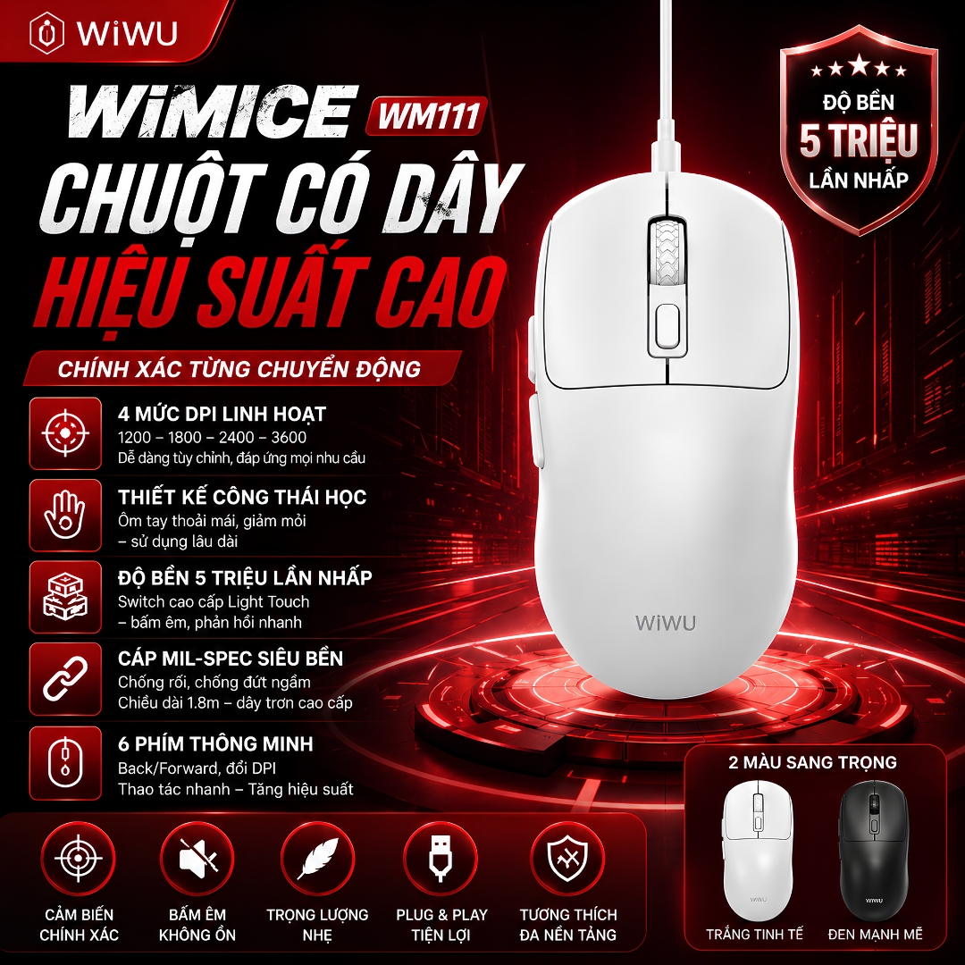 Chuột máy tính công thái học AirPrecision Mouse WiWU WIMICE WM111 DPI 3600 cho Laptop | 6 Phím Thông Minh | Cáp 1.8M Siêu Bền | Switch 5 Triệu Lần Nhấp | Chuột Văn Phòng, Học Tập, Gaming Nhẹ - Hàng nhập khẩu