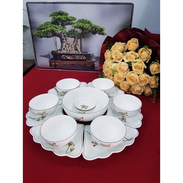 Bộ bát đĩa hoa mặt trời. Gốm sứ Bát Tràng.