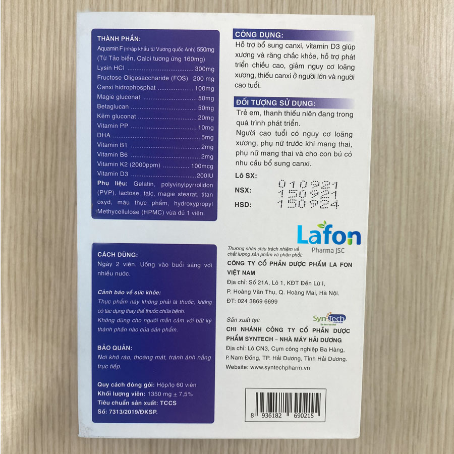 Viên uống hỗ trợ tăng chiều cao từ Tảo Biển Nhật Bản, bổ sung Canxi và Vitamin D3 giảm nguy cơ loãng xương Canxi Laf