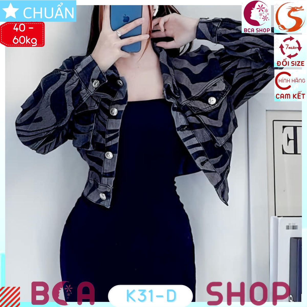 Áo khoác Jeans lửng nữ K31 màu đen ROSATA tại BCASHOP họa tiết độc đáo &amp; thời trang, khẳng định gu &amp; đẳng cấp riêng bạn