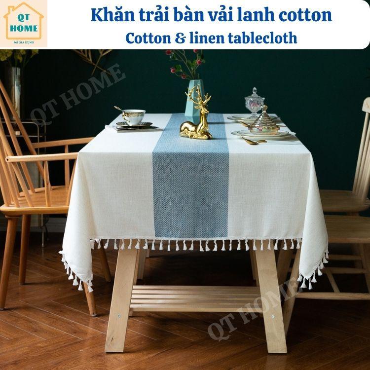 Khăn Trải Bàn Vải Lanh Cotton Sọc Giữa Bàn Thêu Nổi 3 Chiều