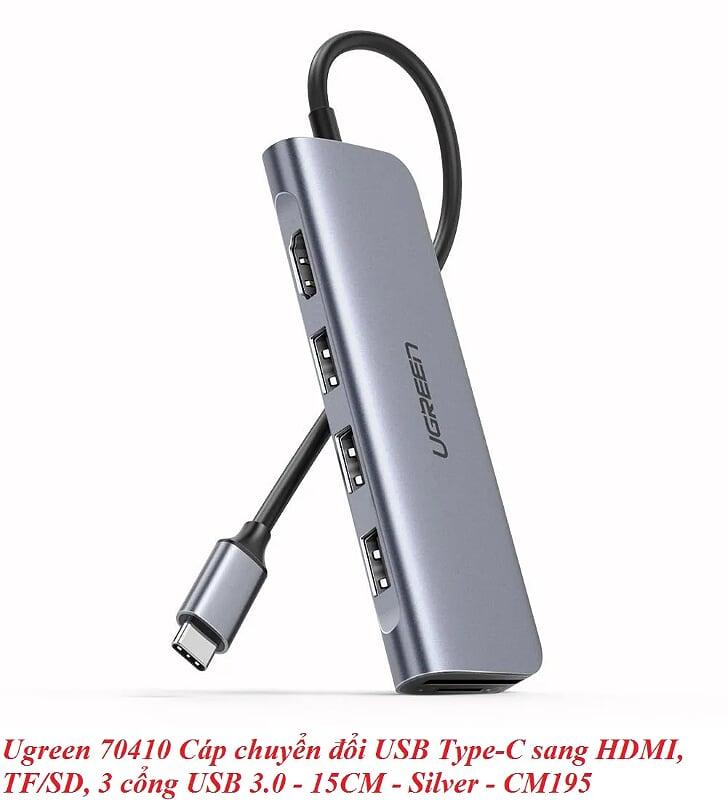 Ugreen UG70410CM195TK 15CM bộ chuyển đổi USB Type-C sang HDMI + TF/SD + 3 cổng USB 3.0 màu bạc không hỗ trợ PD - HÀNG CHÍNH HÃNG