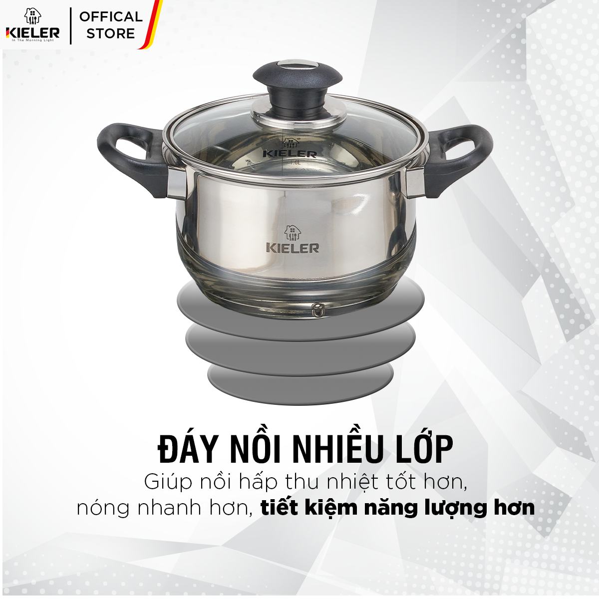 Nồi Inox 5 đáy KIELER đáy từ 16cm nấu nhanh, tiết kiệm điện, có 2 lớp chống dính Whitford ít bám dầu mỡ RW1222-16