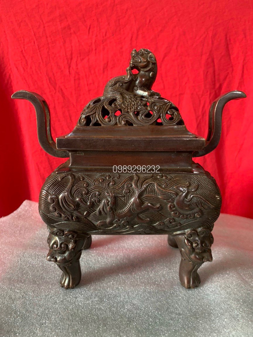 Lư đỉnh xông trầm vuông màu nâu