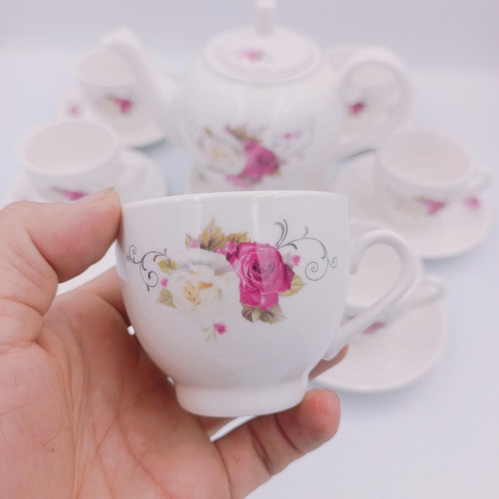 Bộ Ấm Chén Men Ngà Pha Trà Hoa Hồng Tuyệt Đẹp