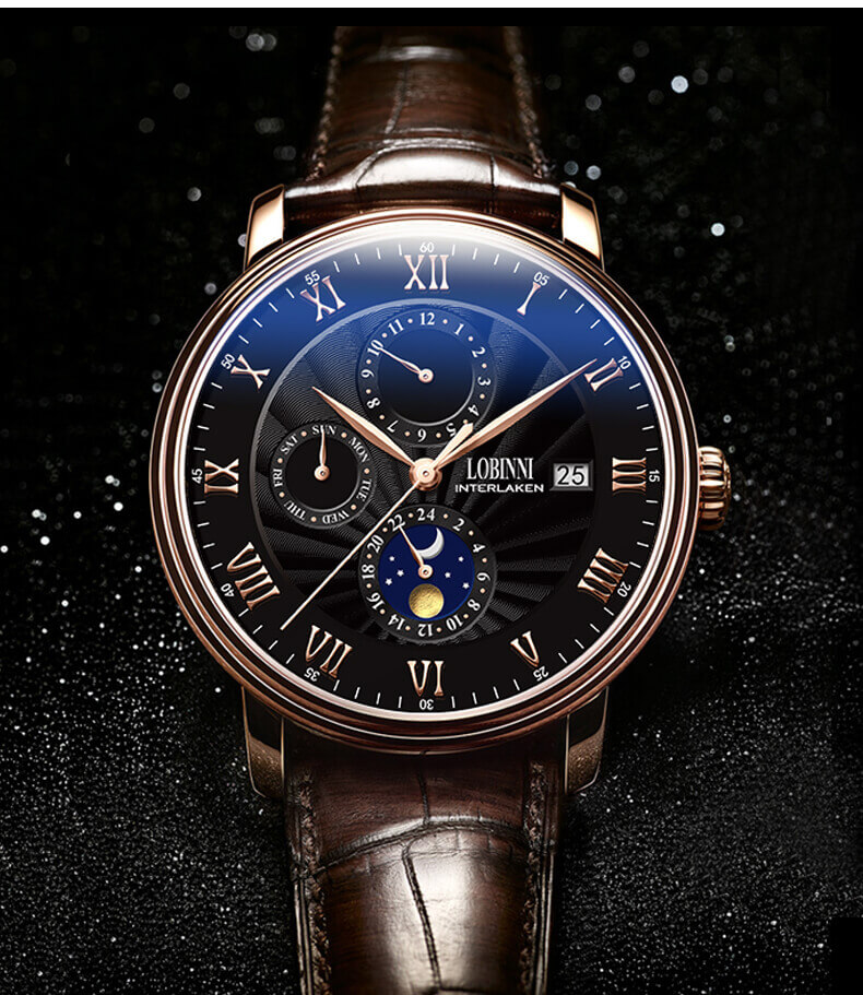Đồng hồ nam chính hãng LOBINNI L1023-7 Fullbox, Kính sapphire ,chống xước,chống nước,vỏ vàng hồng,dây kim loại thép không gỉ 316L, máy cơ , Mới 100%,Bảo hành 24 tháng