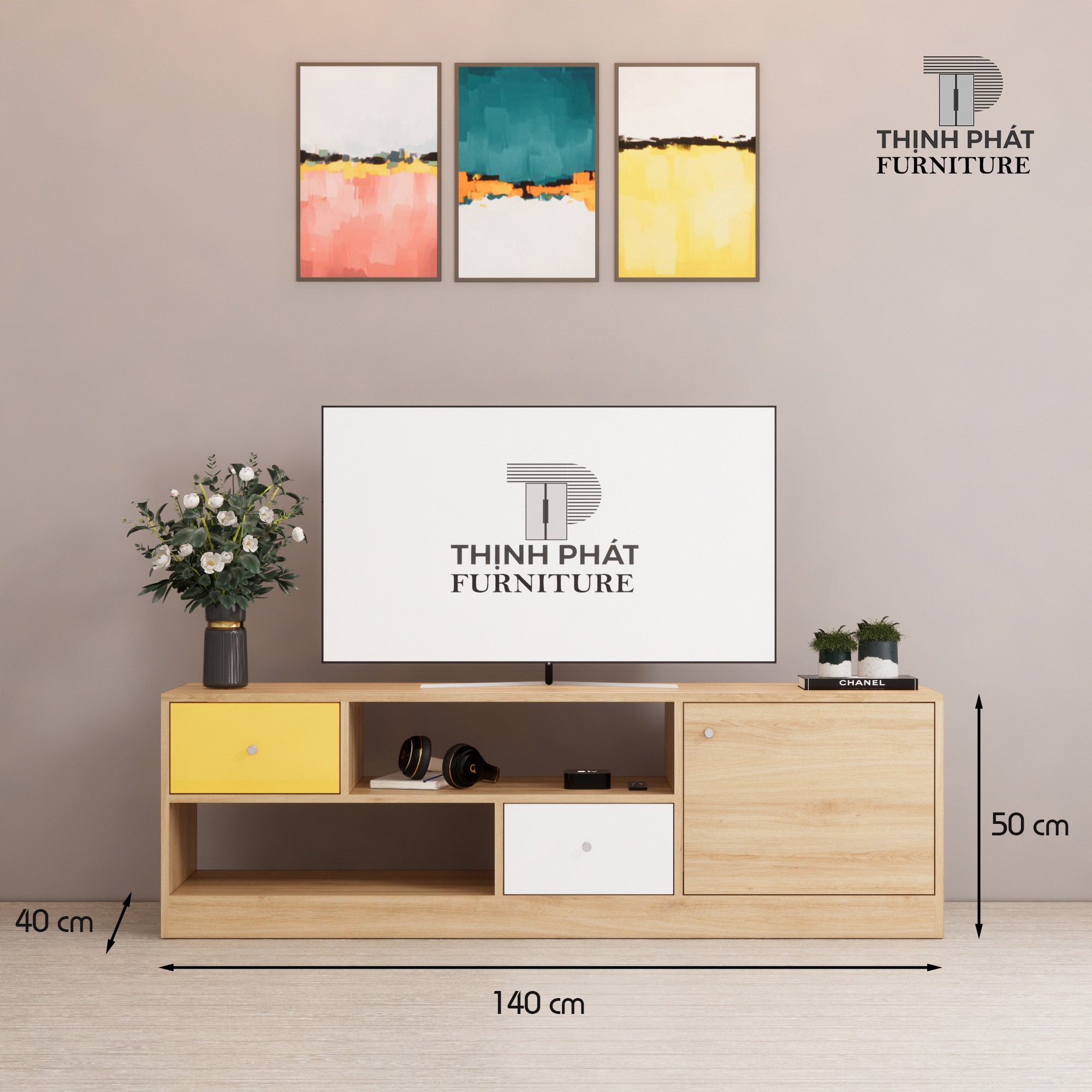 KỆ TIVI – KỆ TV THIẾT KẾ HIỆN ĐẠI DÀI 1M4 – THỊNH PHÁT FURNITURE KTV-TP01 (140cm x 50cm x 40cm)