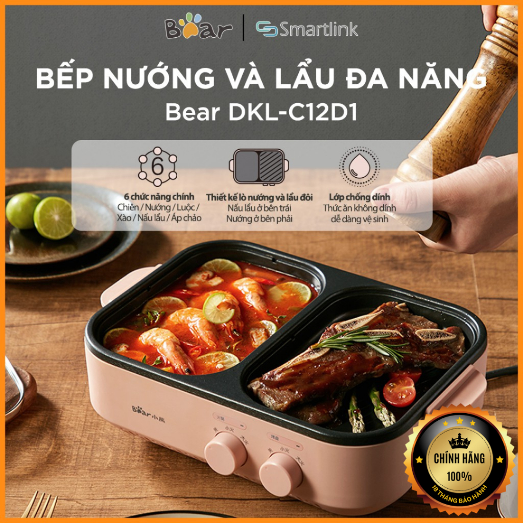 Bếp lẩu nướng điện đa năng Bear DKL-C12D1 2 ngăn, mini 2 trong 1 - Bảo hành 18 tháng - Hàng chính hãng