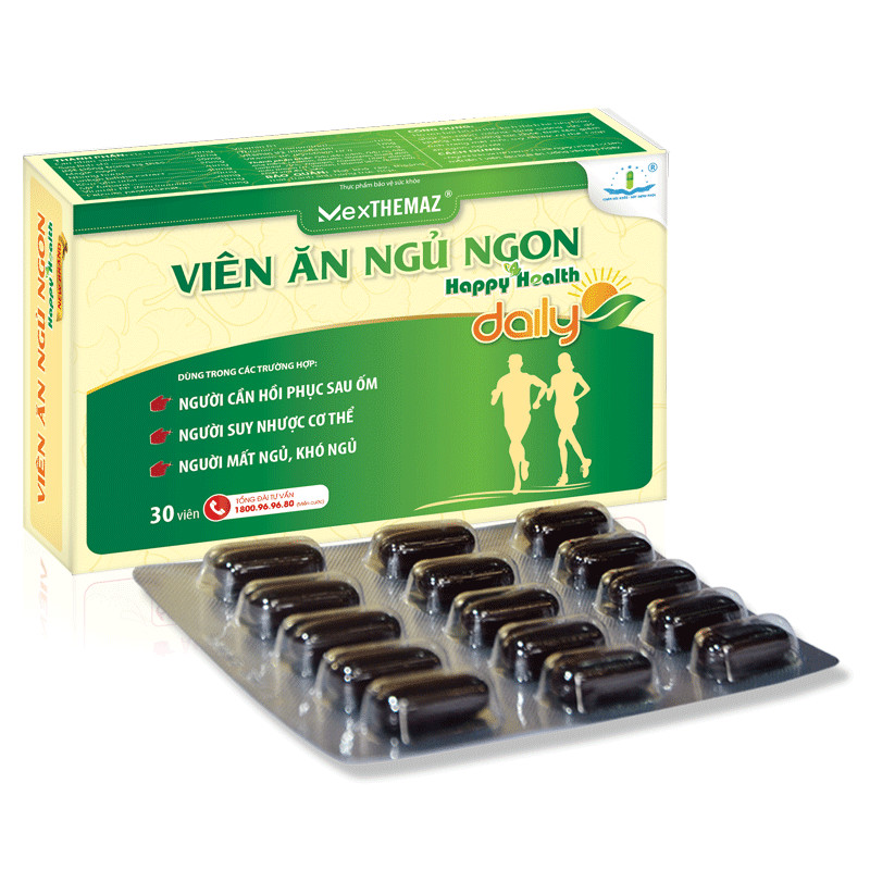 VIÊN ĂN NGỦ NGON HAPPY HEALTH DAILY Hỗ Trợ Ăn Ngon, Ngủ Ngon, Ngủ Sâu, Giảm Mệt Mỏi, Căng Thẳng, Bồi Bổ Cơ Thể, Nâng Cao Thể Trạng.