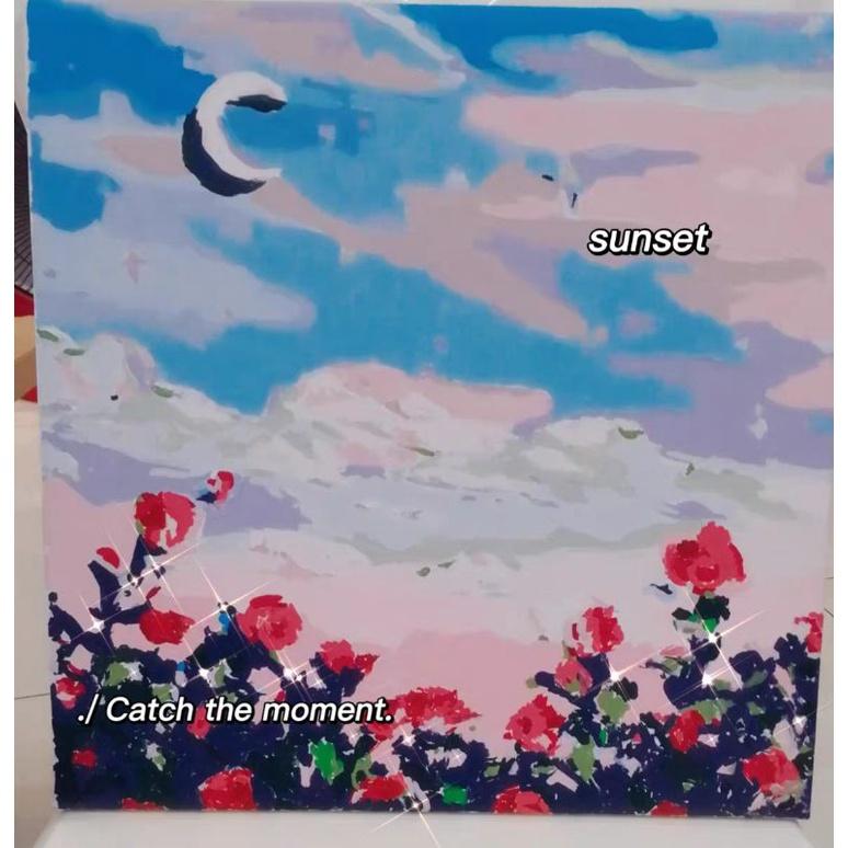 Tranh sơn dầu số hóa DIY đã căng khung khổ 40x40cm - Hoa và ánh trăng