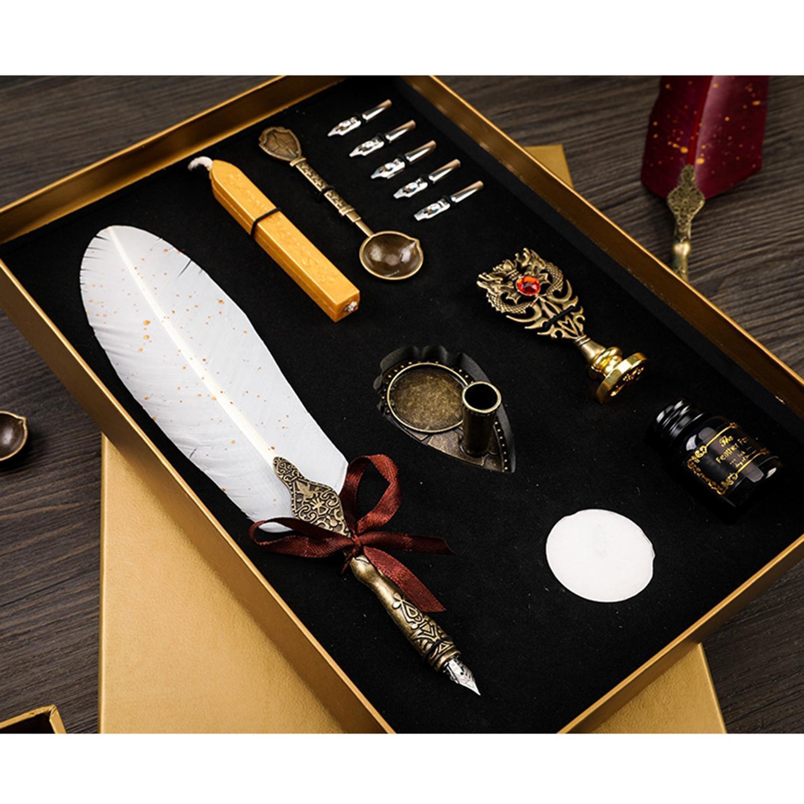 Calligraphy Feather Pen Set Feather Dip Pen Bottle of Ink Anitque White