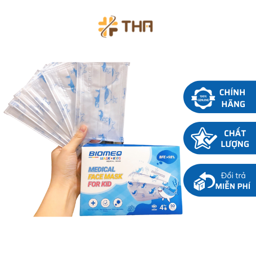 Hộp 50 KHẨU TRANG CHO BÉ - Khẩu trang y tế kháng khuẩn cho trẻ em - Khẩu trang Kids Cá Mập xinh xắn - BIOMEQ MASK+ KIDS