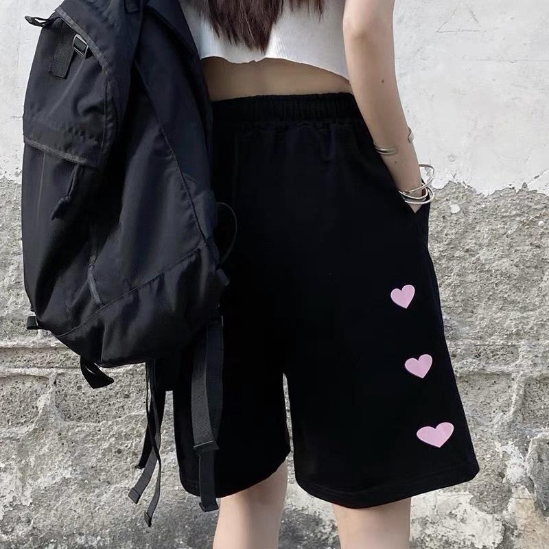Quần đùi thụng chữ tim hồng quần short ngố lửng ulzzang nam nữ unisex phong cách Hàn Quốc