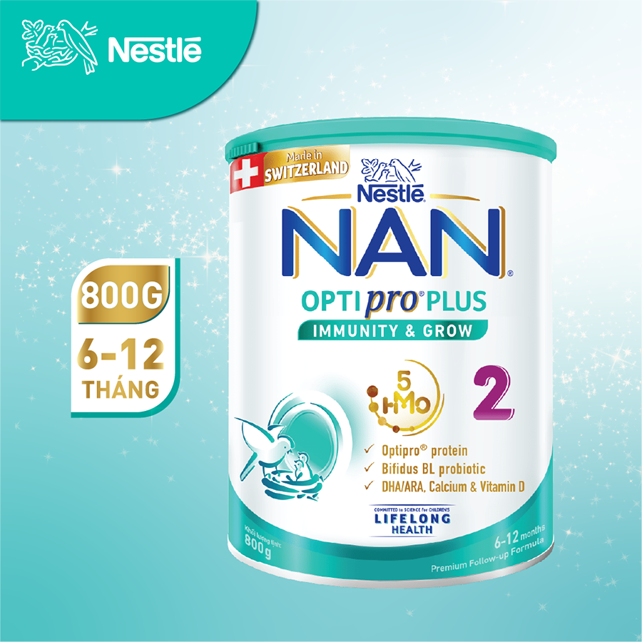 Sữa bột Nestlé NAN OPTIPRO PLUS 2 800g/lon với 5HMO Sản Xuất Tại Thụy Sĩ (6 - 12 tháng)