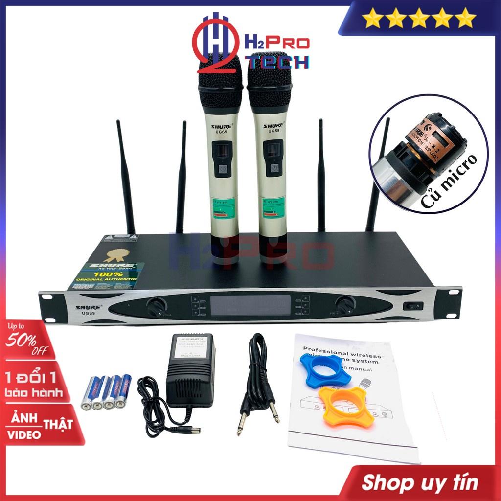 Đôi micro không dây Shure UGS9, micro karaoke không dây cao cấp 4 râu anten,quà 50k 2 chống lăn mic và 4 pin-H2pro tech