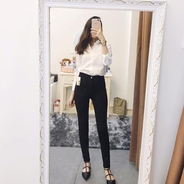 Quần skinny đen cạp liền qua rốn