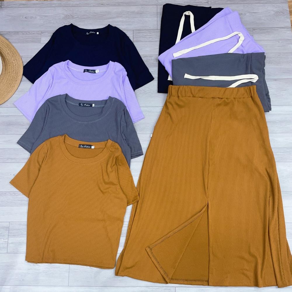 Bộ váy thun dài bigsize gồm áo thun tay ngắn cổ tròn croptop kết hợp chân váy xẻ thun dài có dây - SET17 - Màu Đen