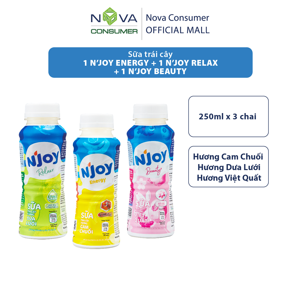 [Combo 3 chai] Sữa trái cây N’Joy Energy Cam Chuối + N’Joy Relax Dưa Lưới + N’Joy Beauty Việt Quất (250ml x 3 chai)