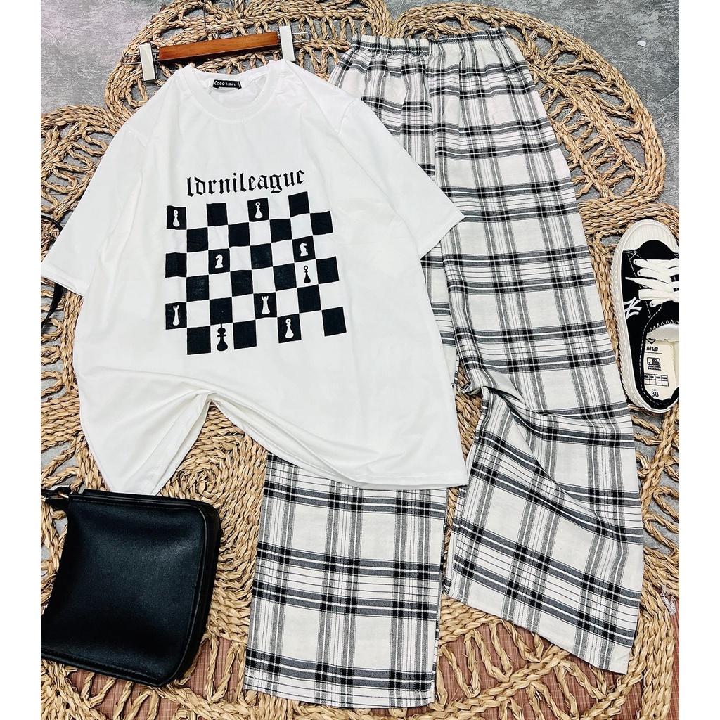 Áo Thun Bàn Cờ Trước - Áo thun tay lỡ form rộng Unisex 38-65kg Nam Nữ