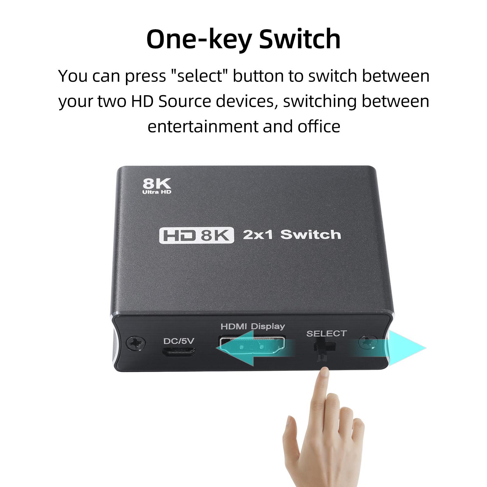 HD 2x1 Switcher 2 in 1 out High-speed HD Switcher Converter up to 8K@60Hz Resolution One-key Switch Wide Compatibility
