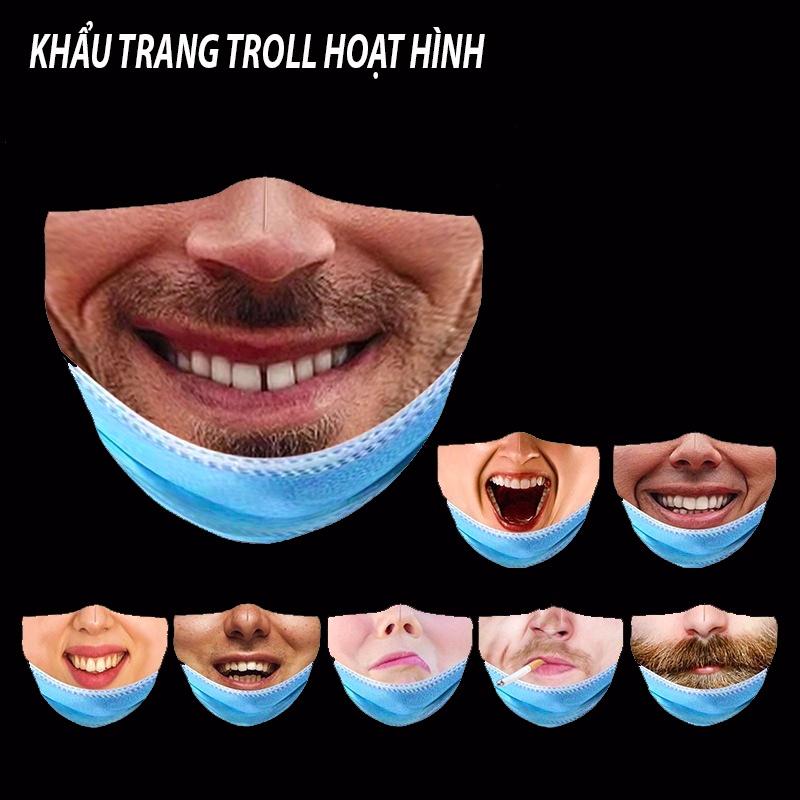 Khẩu trang mặt người cười in hình miệng hài hước vui nhộn troll dị chất liệu vải mềm 2 lớp